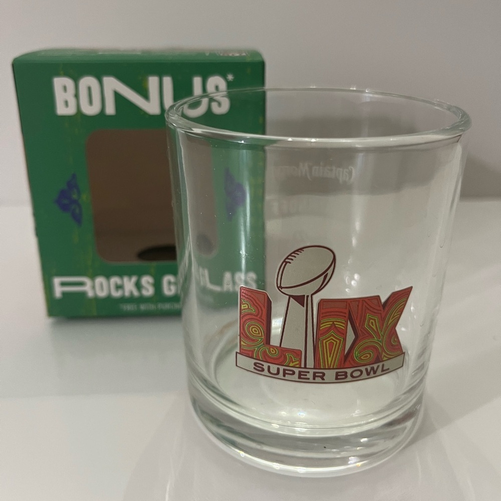 NFL Super Bowl LIX Captain Morgan Smirnoff Crown Royal Low Ball Whisky Glass